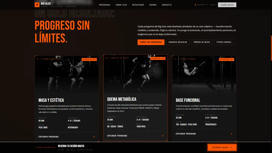 Sitio web de BIG ALEX, entrenamiento personal en Bogotá