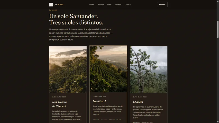 Sitio web de ColKAFE, café de origen único de Santander